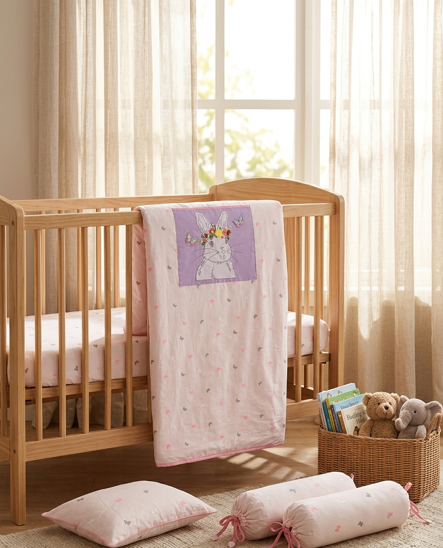 WHIMSY BUNNY ON NEON PINK FLUTTER RAJAI SET